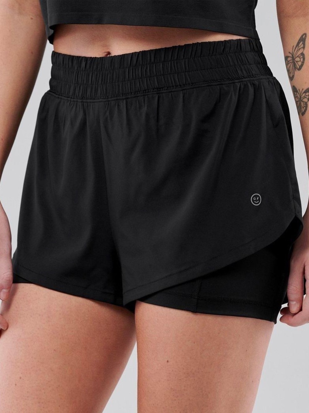 Gilly Hicks Black Layered Athletic Shorts with Smiley Accent